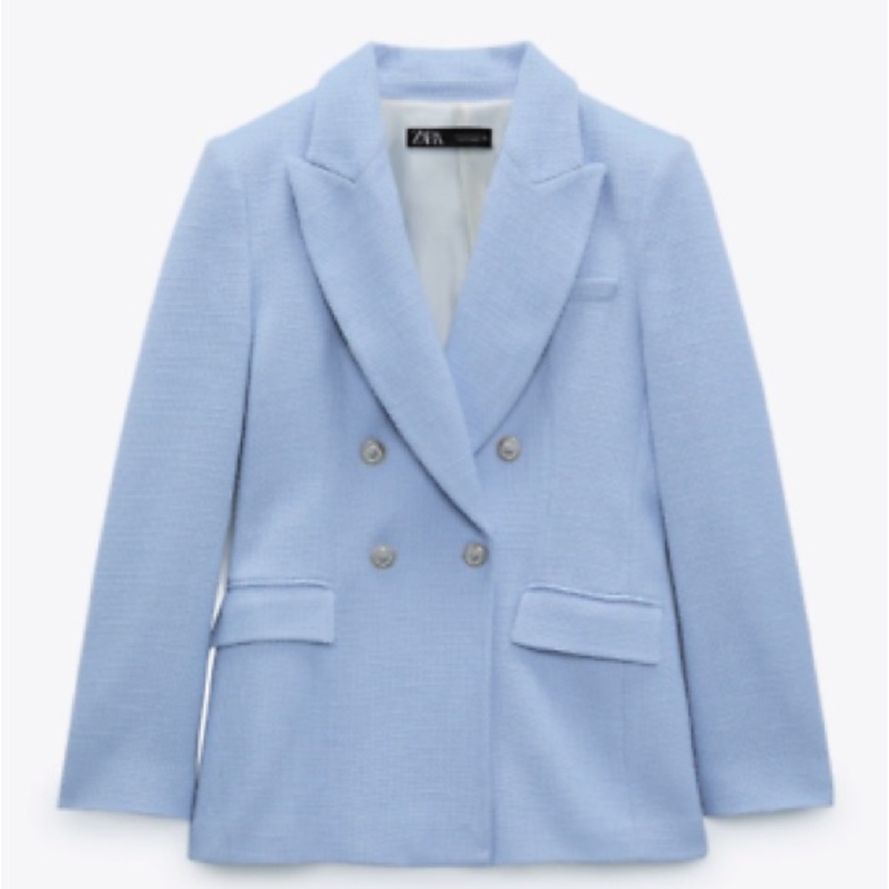 ZARA PASTEL BLUE TWEED TEXTURED LONG FITTED BLAZER/JACKET. Size: XS. Never worn.